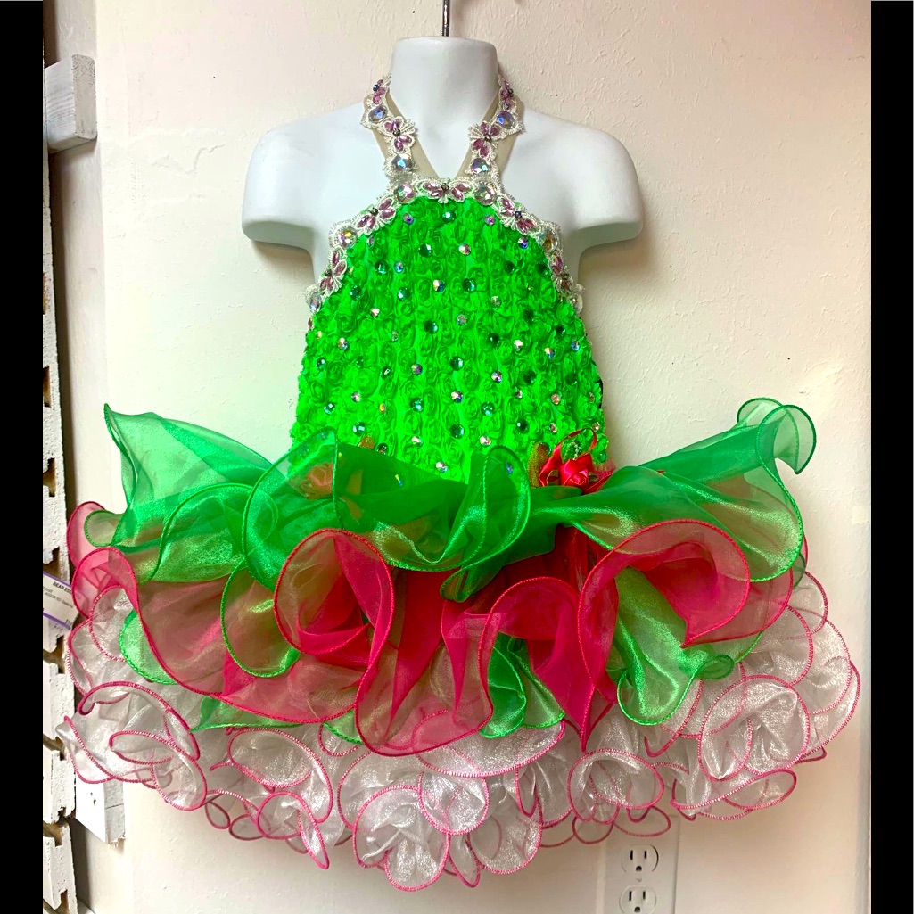 Size 4 Lime Green & Pink Corset Lace Up Back Cupcake Pageant Dress & Bow Nwt